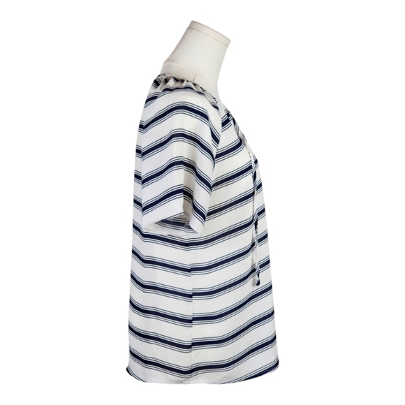 Charming Charlie Striped V-Neck Tie Blouse Top Navy White Short Sleeve M - Picture 3 of 7